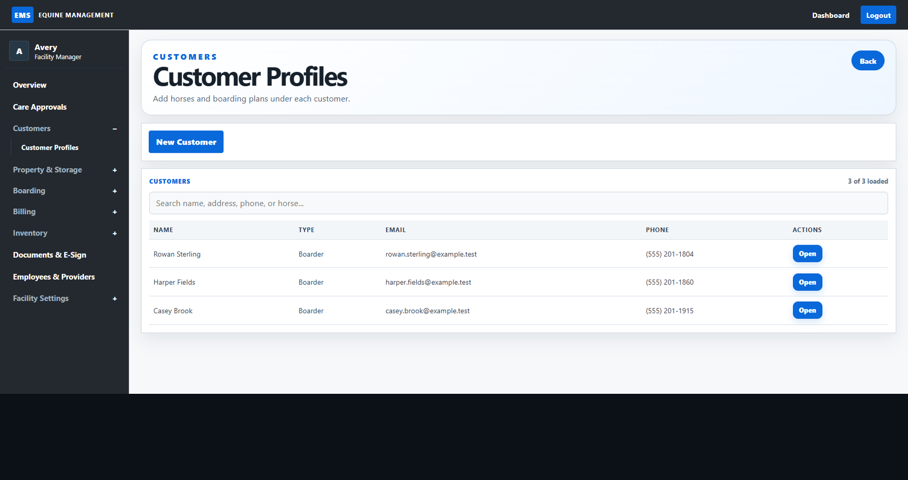 EMS customers screen showing customer profiles and linked horses