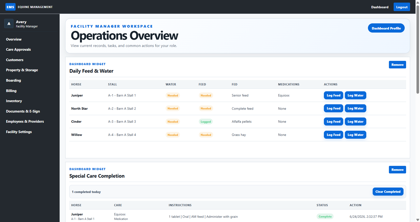 EMS operations screen with facility activity and management navigation