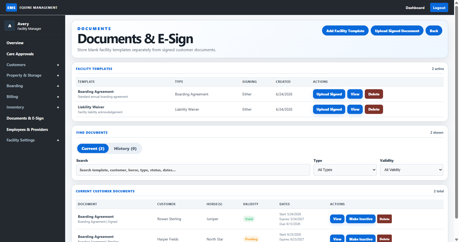 EMS documents screen showing templates and customer document tracking