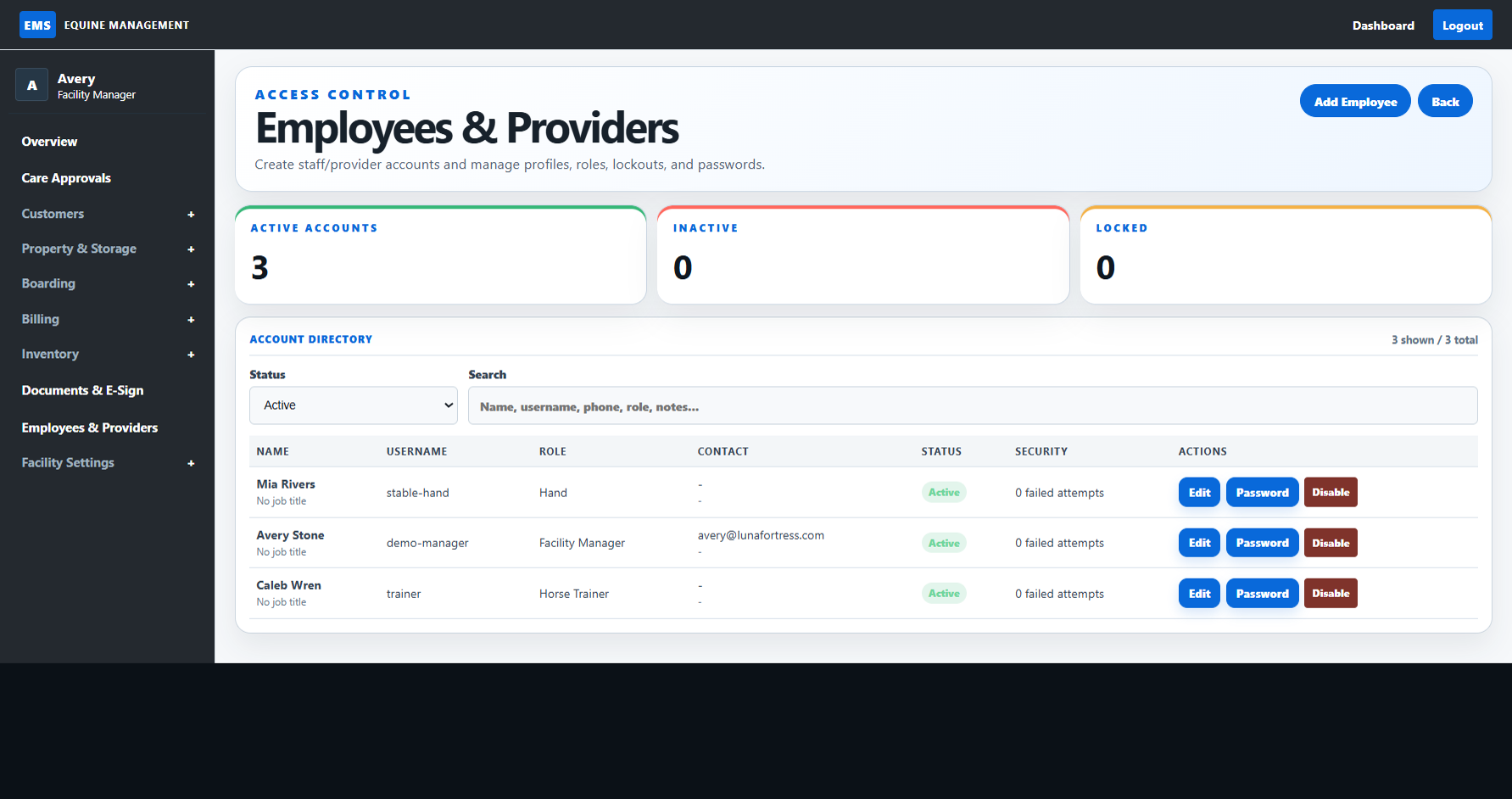 EMS employees and providers screen showing account management