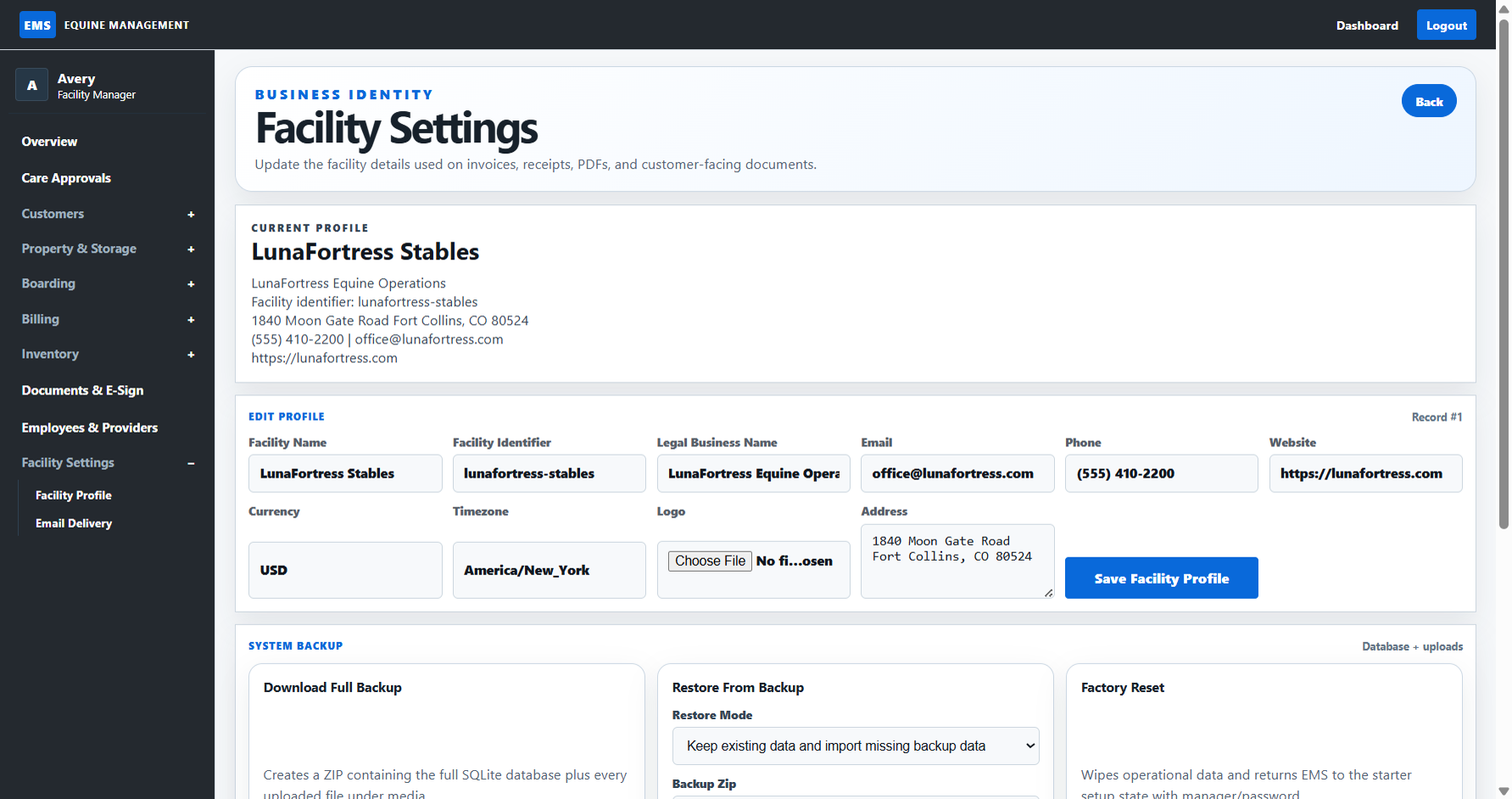 EMS facility settings screen showing business identity and system settings