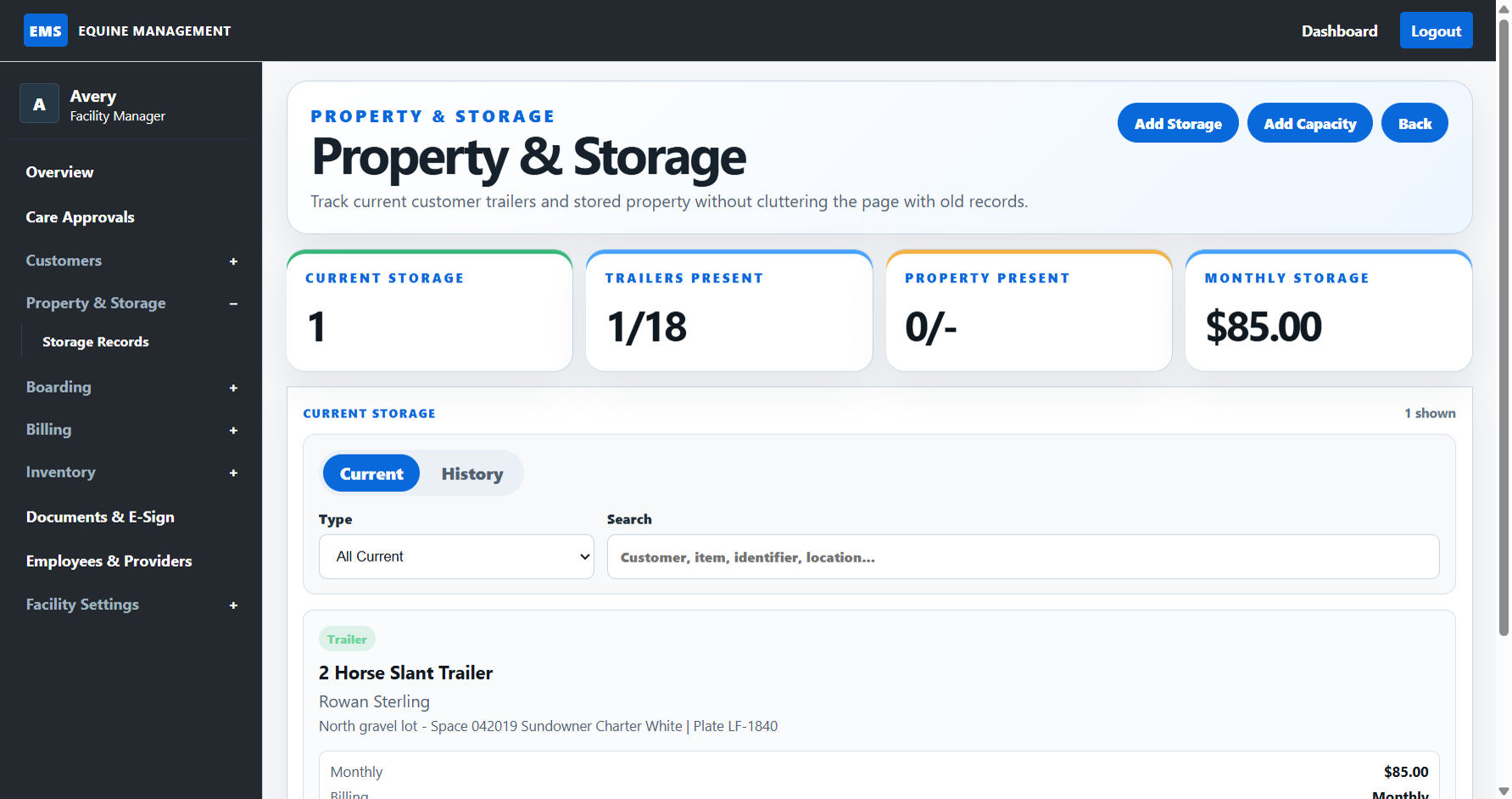EMS property and storage screen showing trailer and property records